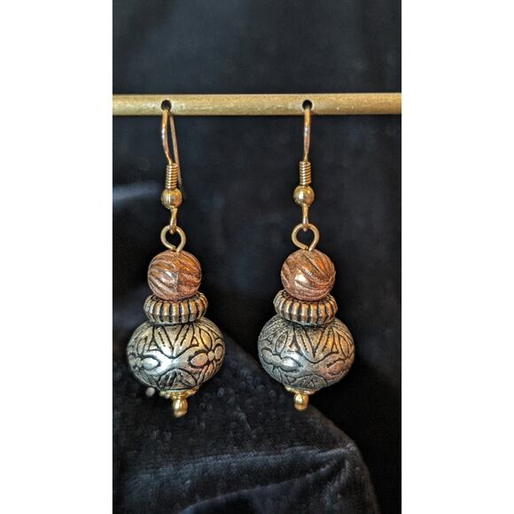 Tri-Color Metal Boho Dangle Bead Earrings - Picture 3 of 5